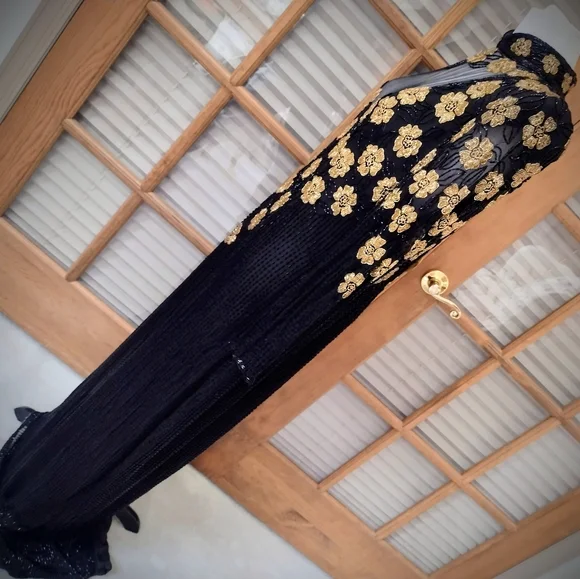 Brand New Hand Beaded Gown, Black and Gold, by Fleur de Paris, New Orleans - Picture 8 of 16